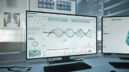 The medical specialists are conducting research of a sick person’s DNA. Collecting and analyzing data on the impact of the disease. Using modern computer technology to aid the process. - Powered by Adobe