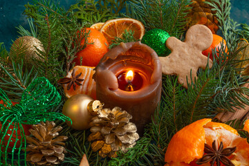  Christmas and New Year compositions on a on a green background, tangerines, oranges, gingerbread. Copy space, flat lay
