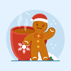 A gingerbread man in a New Year's hat stands next to a cup of coffee and waves his hand. New Year's snowy atmosphere. Merry christmas and a merry new year. Banner concept for website or print.