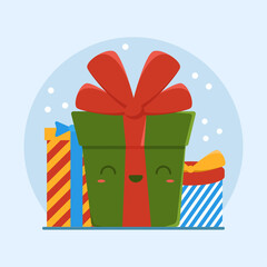 A large green gift among his box friends rejoices in anticipation of the holiday. New Year's snowy atmosphere. Merry christmas and a merry new year. Banner concept for website or print.