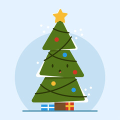 A surprised Christmas tree with a star above and a gerland is standing and waiting for gifts to be opened under it. New Year's snowy atmosphere. Merry christmas and a merry new year. Banner concept.