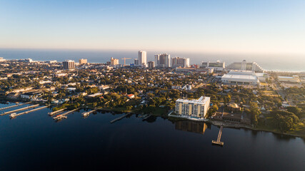 "Daytona Beach, FL USA - 12-10-2020: High-elevation shot of the Daytona Beach hotels and resorts from over Halifax River."