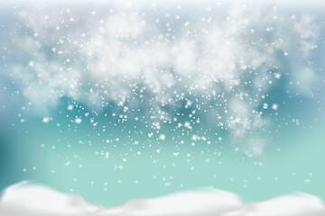 Winter Christmas landscape Falling white snow on a background of white fluffy snowdrifts and a dark frosty sky.