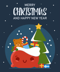 A merry New Year's sack of Santa Claus with a huge pile of gifts stands near the tree and waits for people. New Year's snowy atmosphere. Merry christmas and a merry new year. Banner concept for websit