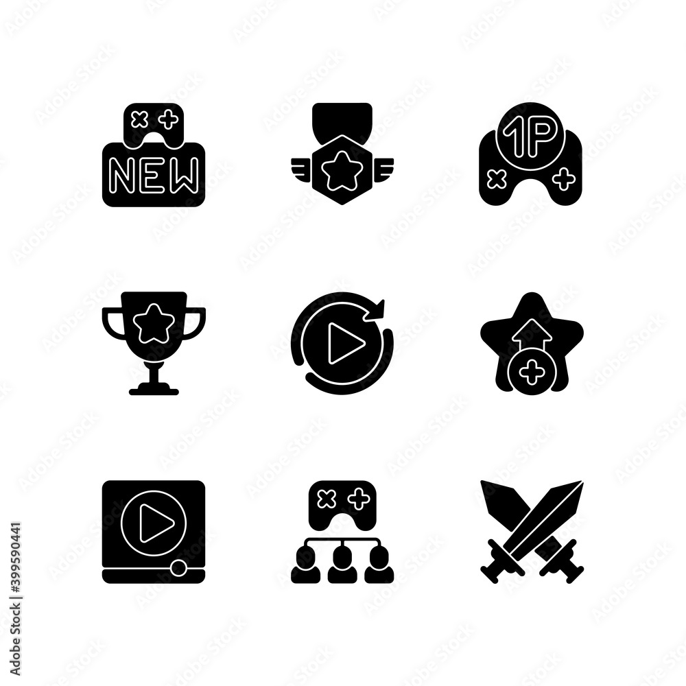 Poster video game black glyph icons set on white space. different videogame modes and interface elements si