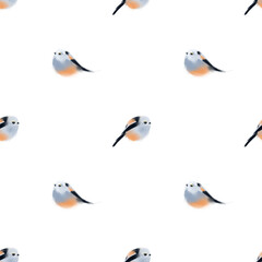 Birds pattern. Cute watercolor pattern with winter fluffy birds on white background. Long-tailed tit illustration, seamless patten.