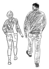 Sketch of a man and his teen daughter walking along street together