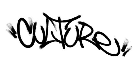 Sprayed culture font with overspray in black over white. Vector illustration. © Yevhen