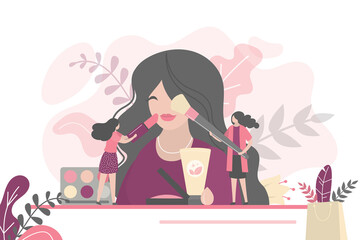 Woman client in beauty salon. Women in beauty studio making make up. Fashion and glamour girls. Group of stylists at work.