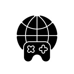 Play online black glyph icon. Internet connection, modern electronic entertainment technology. Online videogame, computer gaming silhouette symbol on white space. Vector isolated illustration