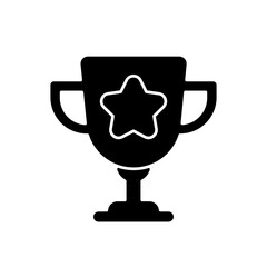 Game win black glyph icon. Videogame success achievement. Esports tournament, championship prize silhouette symbol on white space. First place trophy, goblet with star. Vector isolated illustration