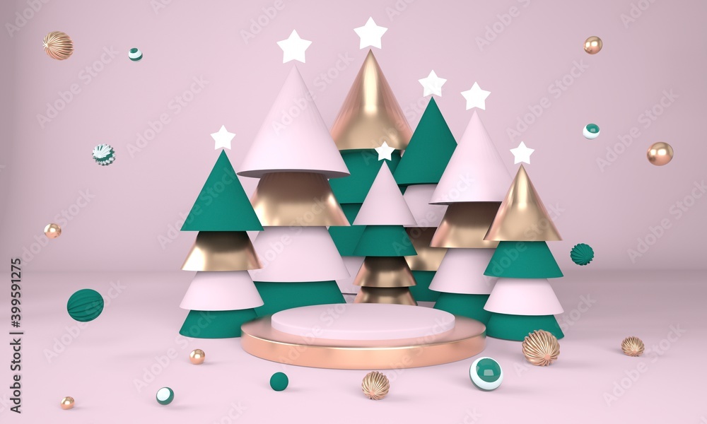 Poster christmas background with christmas tree and stage for product display. 3d rendering.