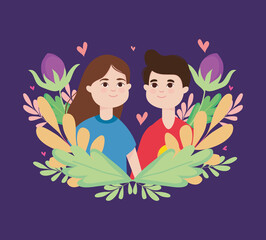 young couple with decorative leaves and flowers wreath, colorful design