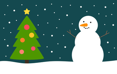 Happy snowman and decorated Christmas tree card.