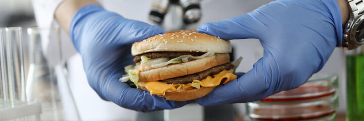 Scientist in rubber gloves hold hamburger in front of microscope and glass test tubes in chemical laboratory closeup. Exploring composition of fast food concept.