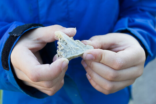 Un ni&ntilde;o sujeta un cristal de yeso con forma de punta de flecha.