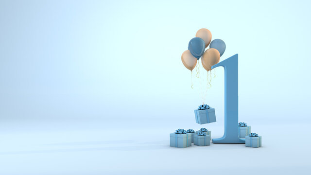 Number 1, birthday celebration blue gift box and pink balloons. 3D Render