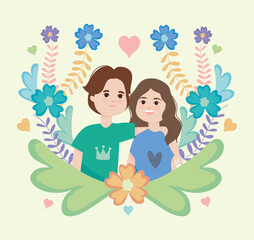 cartoon young couple with colorful leaves and flowers, colorful design