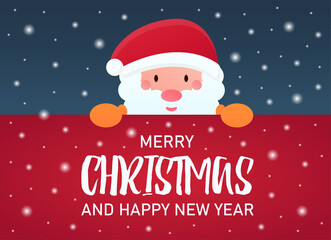 Vector concept of Christmas banner, background. Joyful Santa Claus holds a red background that says Merry Christmas and a Happy New Year. Christmas theme and New Year's greetings.