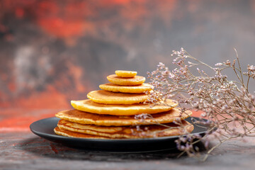 Side view of pluffy pancakes horizontal view stock image