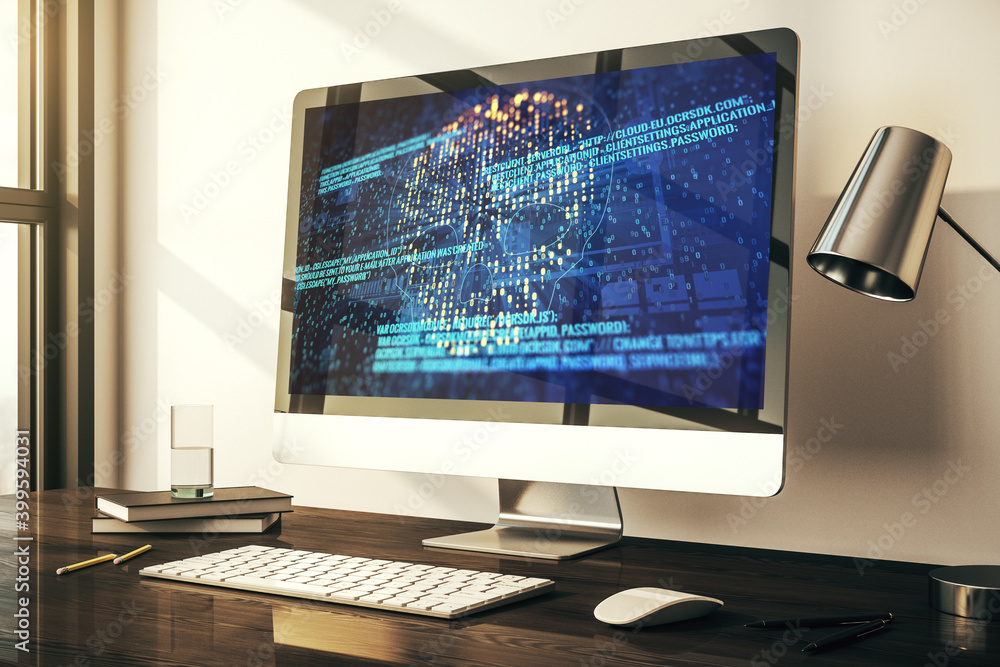 Leinwandbilder creative code skull hologram on modern computer monitor, cybercrime and hacking concept. 3d renderin