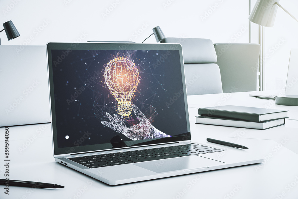 Poster creative idea concept with light bulb illustration on modern laptop screen. 3d rendering