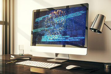 Naklejka premium Creative code skull hologram on modern computer monitor, cybercrime and hacking concept. 3D Rendering