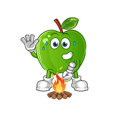 green apple roasting marshmallows character. cartoon mascot vector