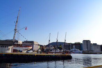 Embankment and the wharf of ships in Bergen, Norway