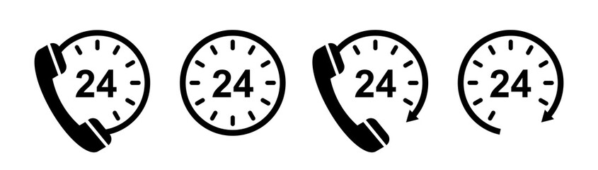 Call center icon 24/7 hours a day set. Open 24 hours, symbols, arrows, telephones. Vector illustration.