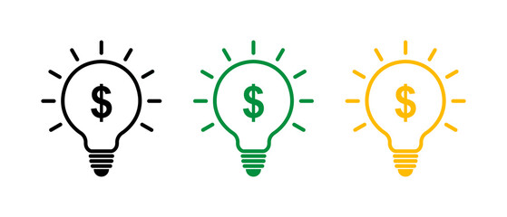 Money, idea, icon set. Light bulb and money, business concept. Seed capital linear icon, funding. Vector illustration.