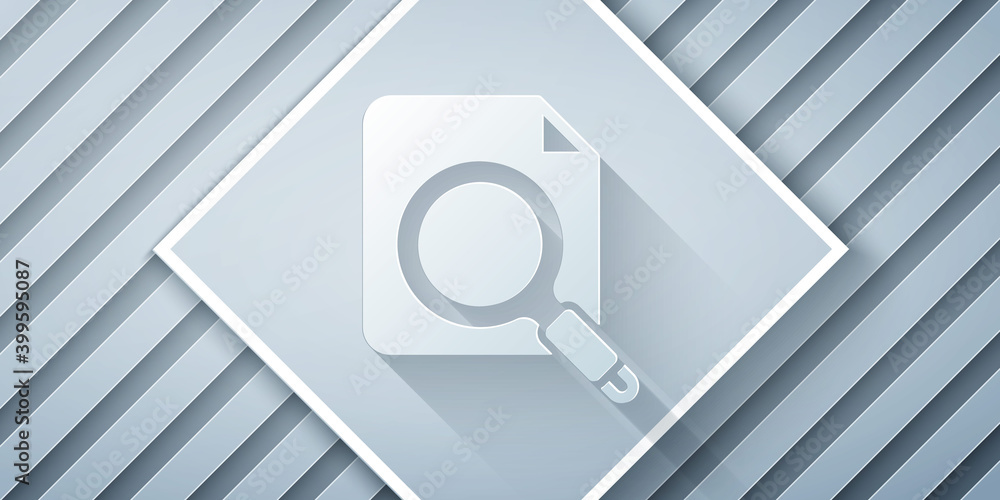 Poster paper cut search concept with folder icon isolated on grey background. magnifying glass and document