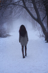 Silhouette of a sad young brunette woman walks away, along a path in evening misty park. Winter...