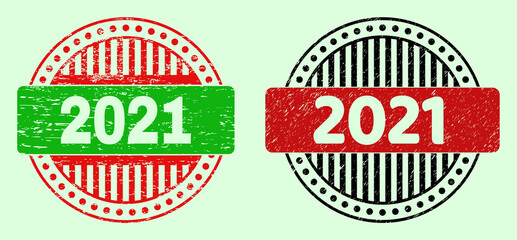 2021 bicolor round rubber imitations with scratched surface. Flat vector scratched seal stamps using 2021 text inside round shape, in red, black, green colors. Round bicolor stamps.