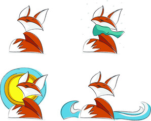 Small and cute illustrated fox. Fox made in vector with bright colors. Fox set with snow, sun and sea.