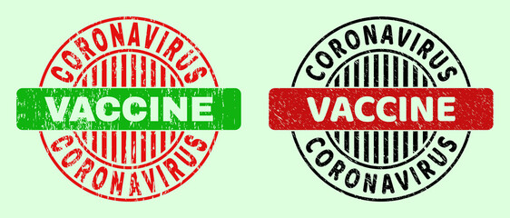 CORONAVIRUS VACCINE bicolor round watermarks with distress texture. Flat vector grunge seals with CORONAVIRUS VACCINE title inside circle, in red, black, green colors. Round bicolor seals.