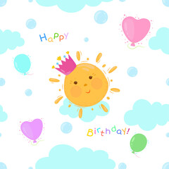 Happy birthday seamless pattern with cute cartoon sun illustration, clouds, balloons and text. Templates on white and transparent background.