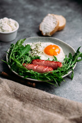 background, beans, bread, breakfast, concept, cooking, dish, english, flat lay, food, fork, gray, healthy, hearty, irish, keto, meal, microgreen, morning, nutritious, parsley, pepper, pork, sauce, sea