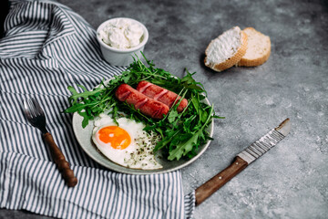 background, beans, bread, breakfast, concept, cooking, dish, english, flat lay, food, fork, gray, healthy, hearty, irish, keto, meal, microgreen, morning, nutritious, parsley, pepper, pork, sauce, sea
