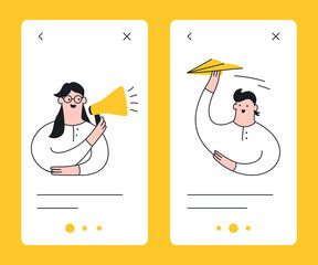 Promotion and messaging, sharing info, and marketing vector onboarding set. The girl with a megaphone and a boy sending a paper plane. Flat line vector illustration.