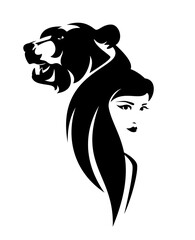 beautiful woman with long hair and bear head black and white vector design - tribal portrait of shaman native american girl and wild animal