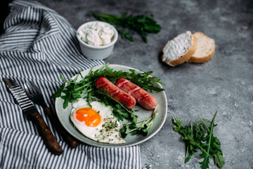 background, beans, bread, breakfast, concept, cooking, dish, english, flat lay, food, fork, gray, healthy, hearty, irish, keto, meal, microgreen, morning, nutritious, parsley, pepper, pork, sauce, sea