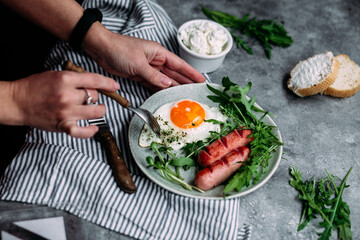 background, beans, bread, breakfast, concept, cooking, dish, english, flat lay, food, fork, gray, healthy, hearty, irish, keto, meal, microgreen, morning, nutritious, parsley, pepper, pork, sauce, sea