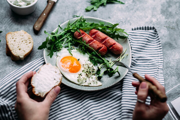 background, beans, bread, breakfast, concept, cooking, dish, english, flat lay, food, fork, gray, healthy, hearty, irish, keto, meal, microgreen, morning, nutritious, parsley, pepper, pork, sauce, sea