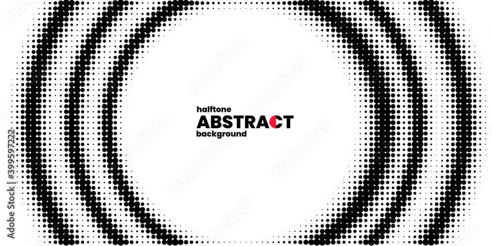 Poster Halftone in abstract style with place for text. Geometric retro banner vector texture. Modern print. White and black background. Light effect
