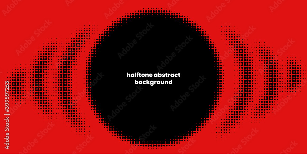 Poster Halftone in abstract style with place for text. Geometric retro banner vector texture. Modern print. Red and black background. Light effect