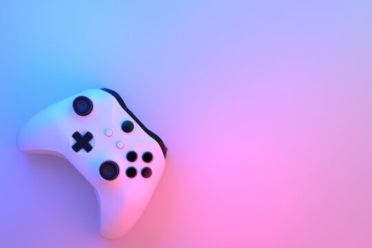 Realistic Video Game Controller In Neon Lights On White Table Background