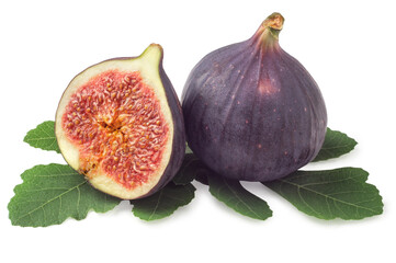 Whole and half figs with leaves isolated