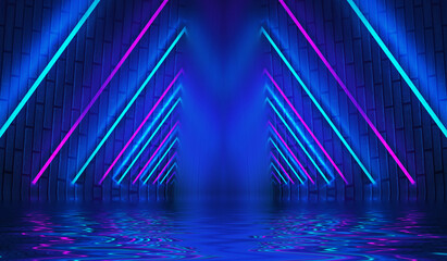 Neon shapes on a dark brick wall. Ultraviolet lighting. Brick wall, reflection of neon light on the water. 3d illustration
