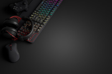 Top view of gamer workspace and gear like mouse, keyboard, joystick, headset © Vasyl Onyskiv